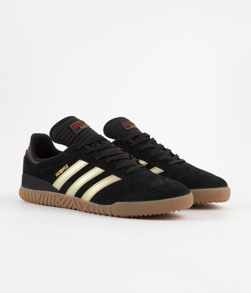 Adidas Busenitz Indoor Super Shoes in Core Black and Gold Metallic / Scarlet