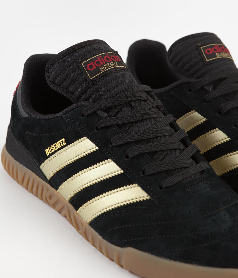 Adidas Busenitz Indoor Super Shoes in Core Black and Gold Metallic / Scarlet