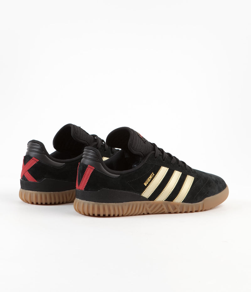 Adidas Busenitz Indoor Super Shoes in Core Black and Gold Metallic / Scarlet