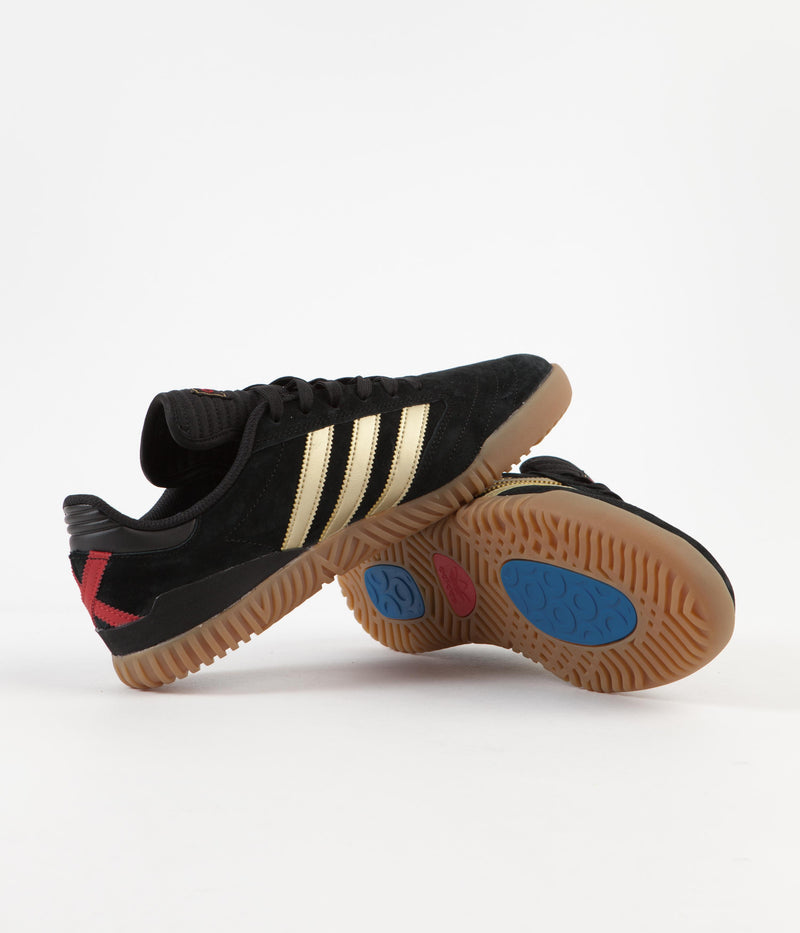 Adidas Busenitz Indoor Super Shoes in Core Black and Gold Metallic / Scarlet