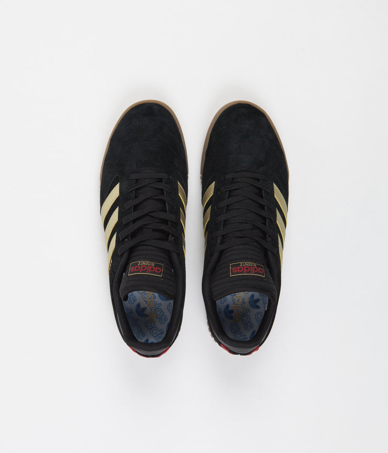 Adidas Busenitz Indoor Super Shoes in Core Black and Gold Metallic / Scarlet