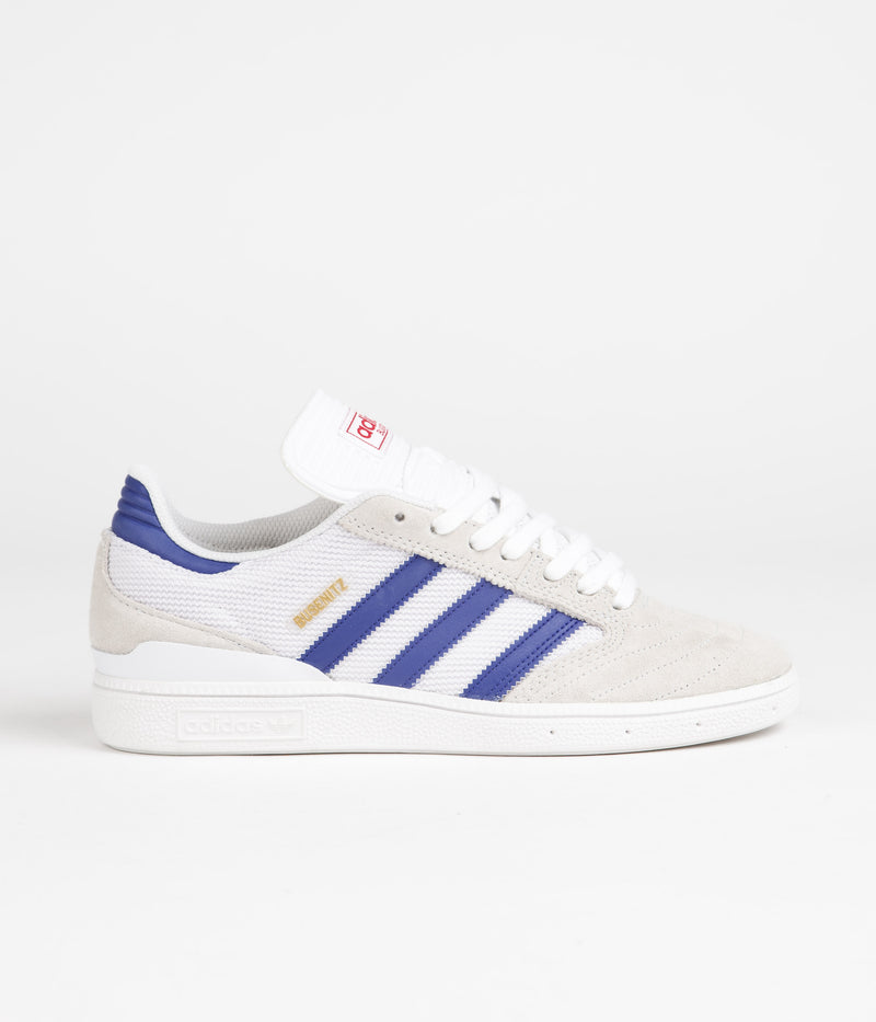 Adidas Busenitz Shoes in Crystal White and Semi Lucid Blue / Gold Metallic