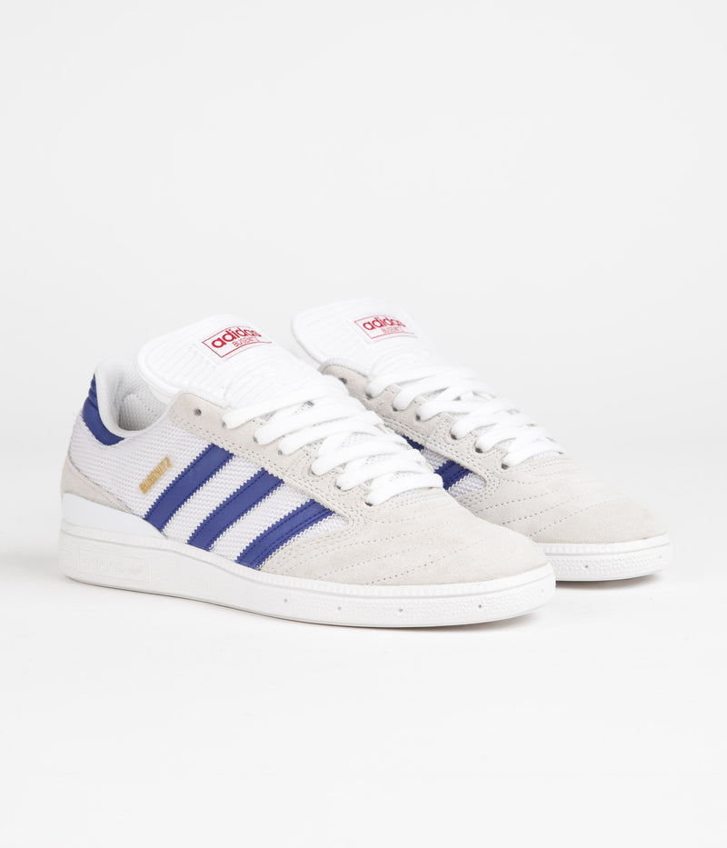 Adidas Busenitz Shoes in Crystal White and Semi Lucid Blue / Gold Metallic