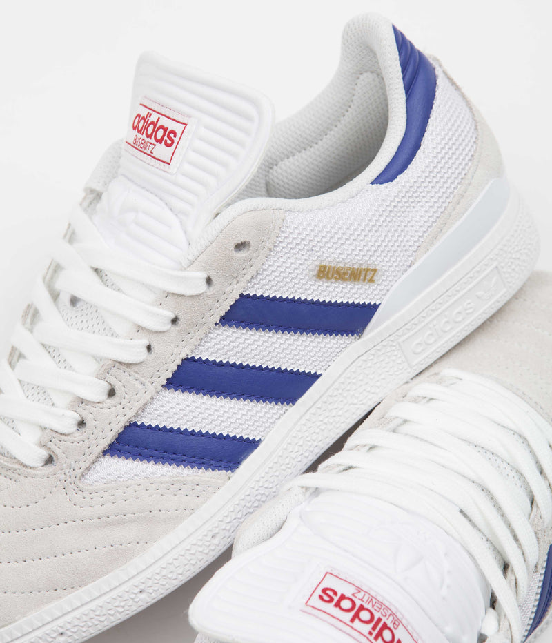 Adidas Busenitz Shoes in Crystal White and Semi Lucid Blue / Gold Metallic