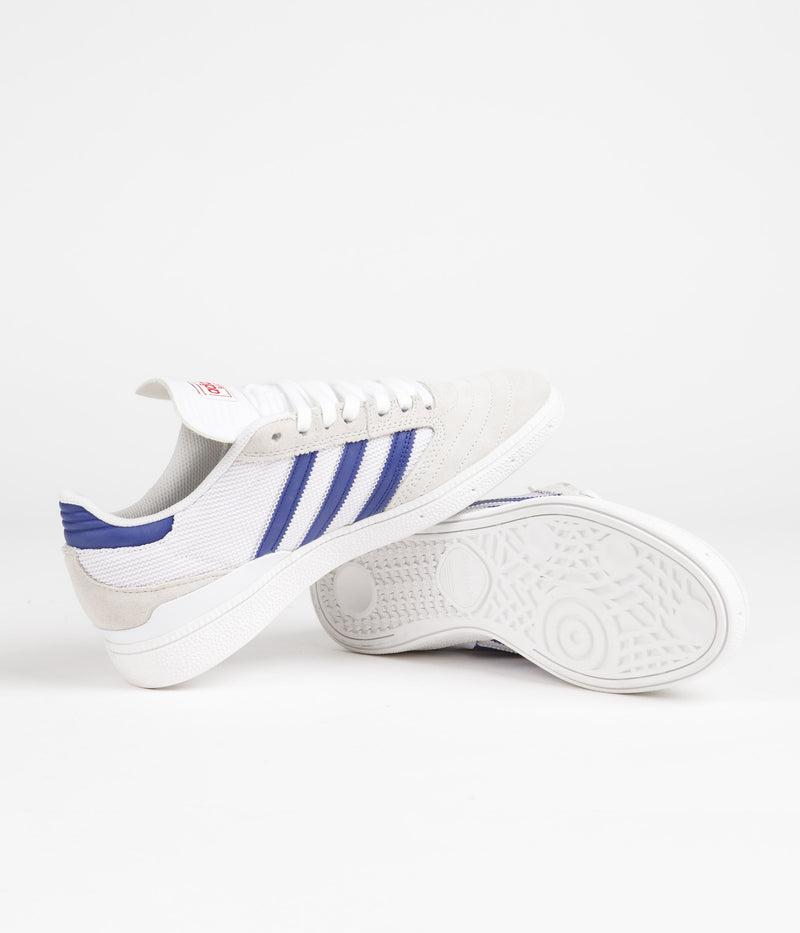 Adidas Busenitz Shoes in Crystal White and Semi Lucid Blue / Gold Metallic