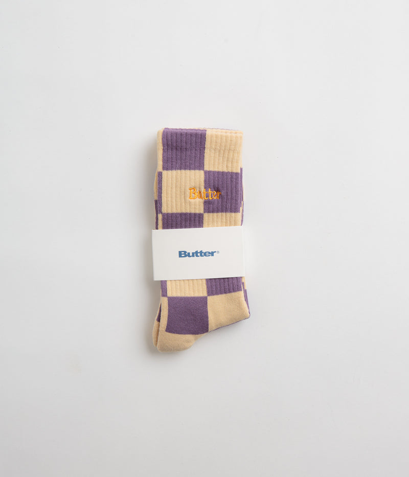 Butter Goods Checkered Socks in Eggplant and Tan