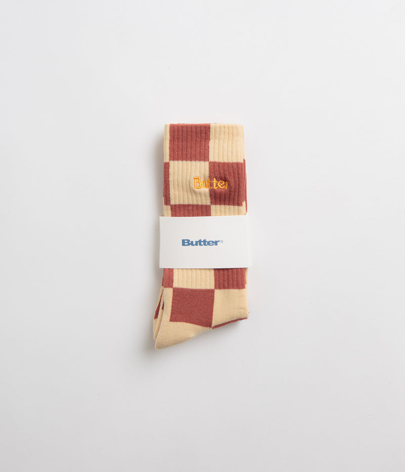 Butter Goods Checkered Socks in Redwood and Tan