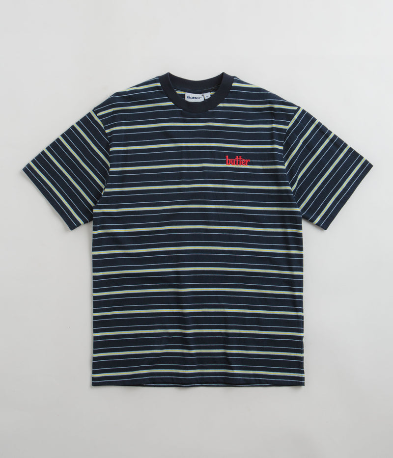 Butter Goods Park Stripe T-Shirt in Black and Sky / Banana
