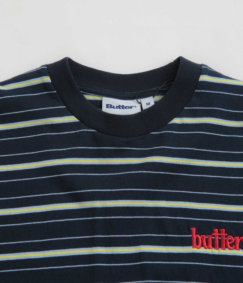 Butter Goods Park Stripe T-Shirt in Black and Sky / Banana