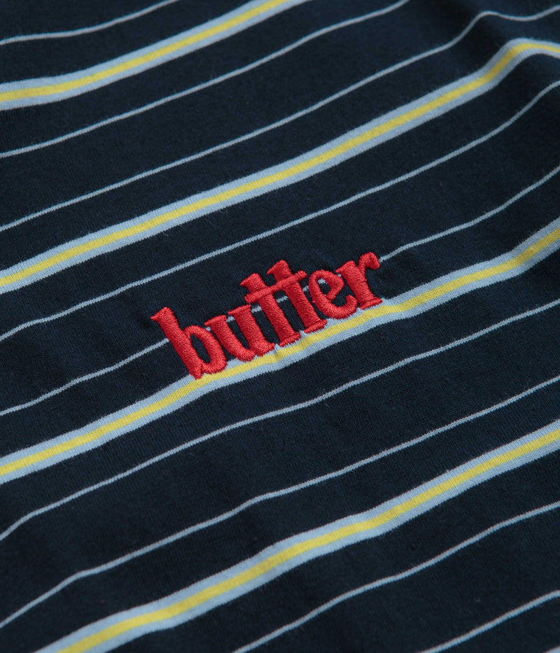 Butter Goods Park Stripe T-Shirt in Black and Sky / Banana