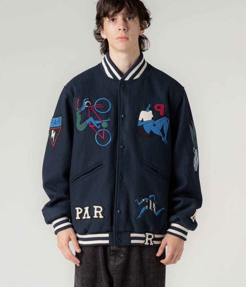 by Parra Run Sit & Bike Varsity Jacket in Navy Blue