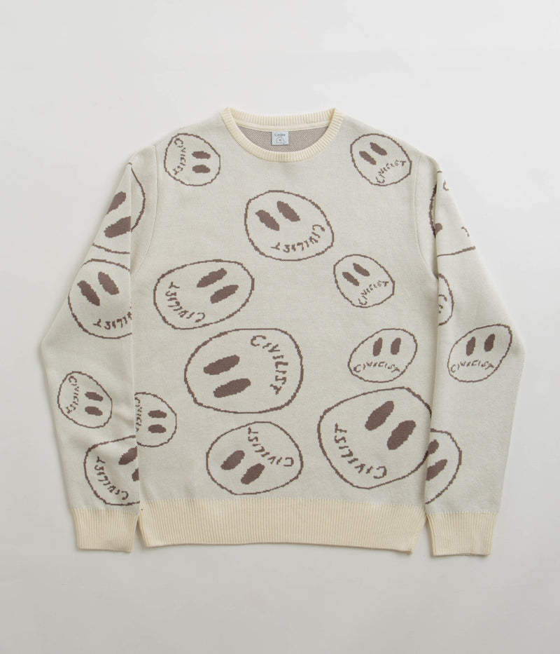 Civilist Smiler Knit Crewneck Sweatshirt in Ecru