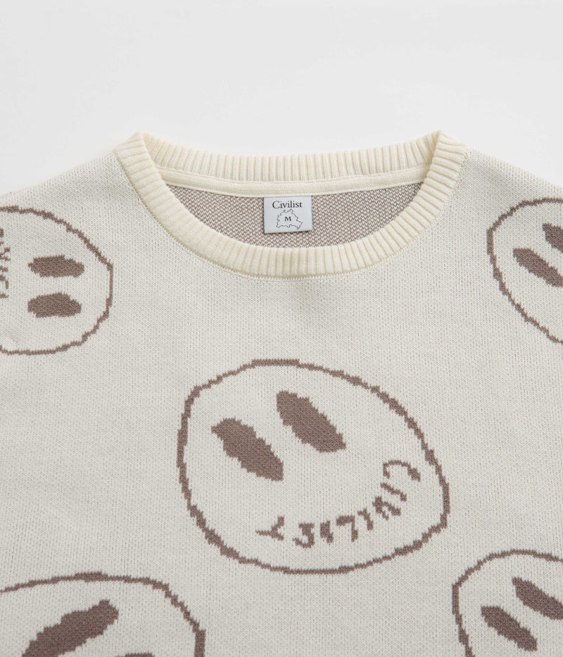 Civilist Smiler Knit Crewneck Sweatshirt in Ecru