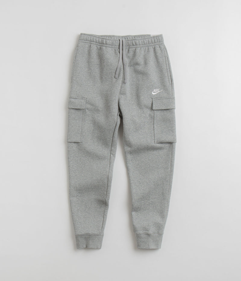 Nike Club Fleece Cargo Joggers in Dark Grey Heather and Matte Silver / White