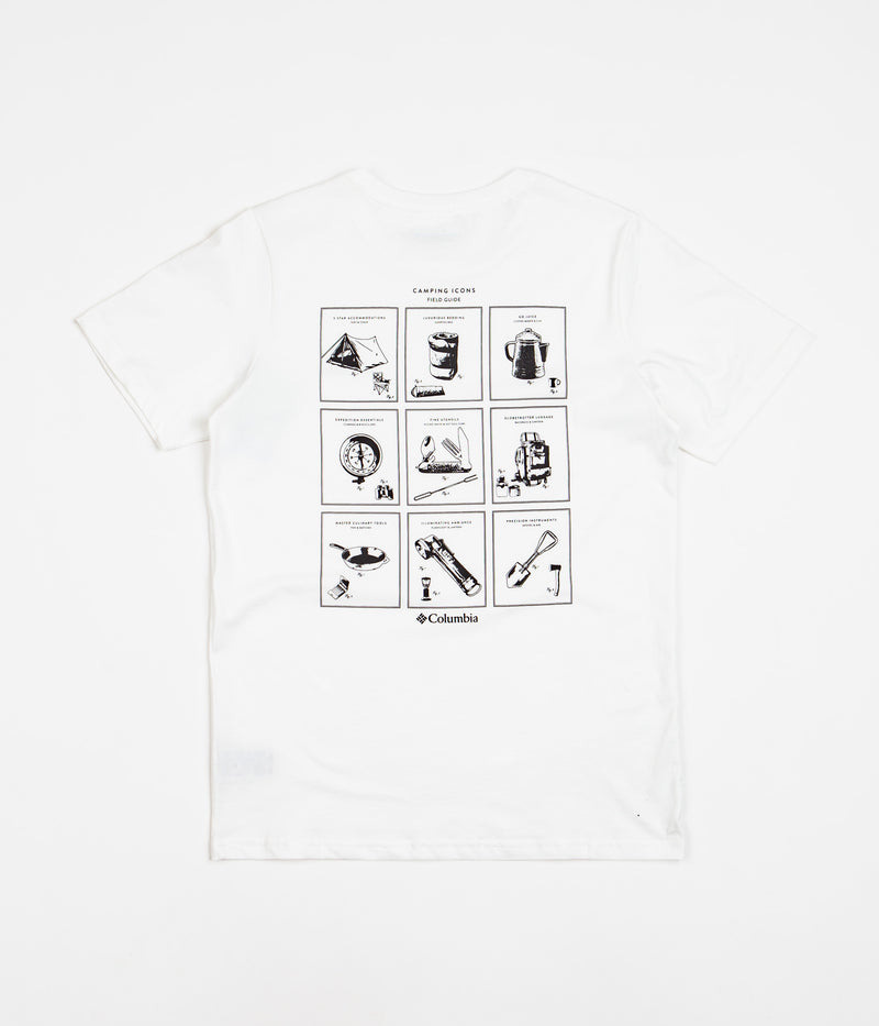 Columbia Rapid Ridge Back Graphic T-Shirt in White and Campsite Icons Graphic