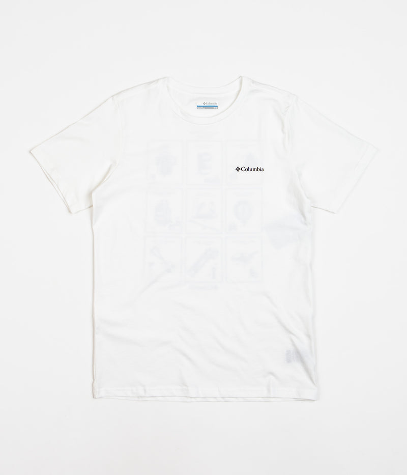 Columbia Rapid Ridge Back Graphic T-Shirt in White and Campsite Icons Graphic