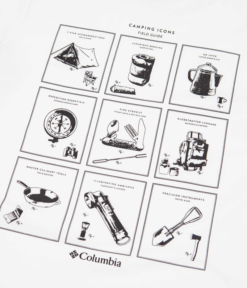 Columbia Rapid Ridge Back Graphic T-Shirt in White and Campsite Icons Graphic