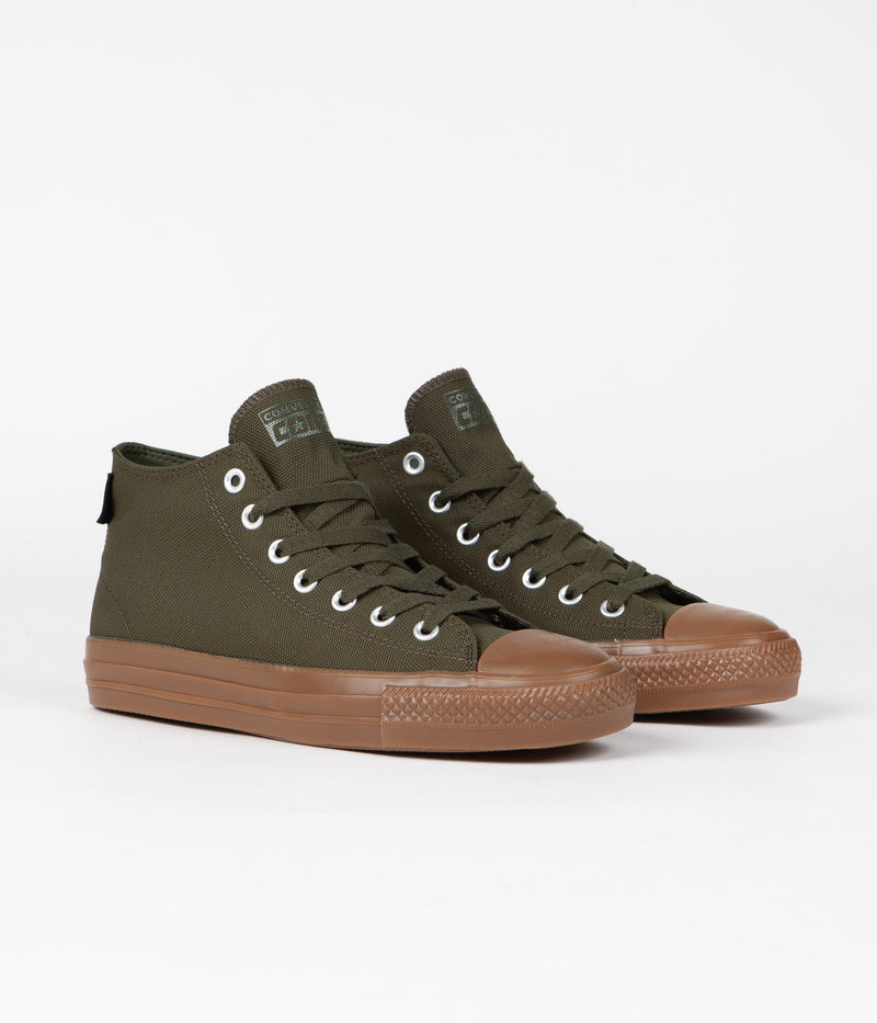 Converse CTAS Pro Cordura Canvas Mid Shoes in Cargo Khaki and Egret / Dark Gum