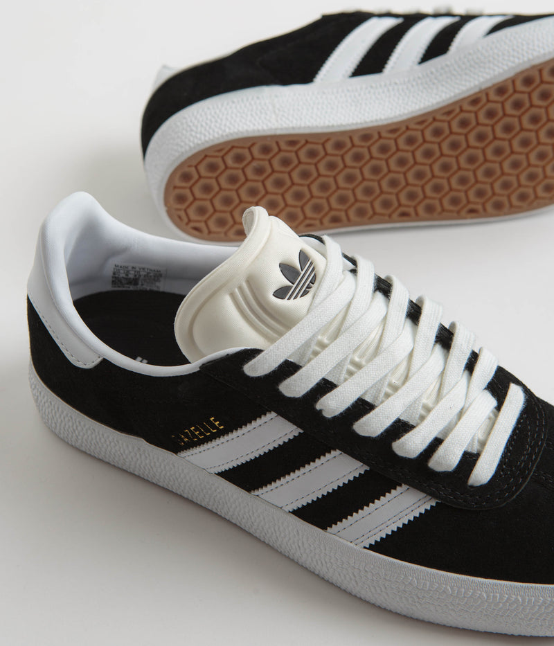 Adidas Gazelle Adv Shoes in Core Black and White / Gold Metallic
