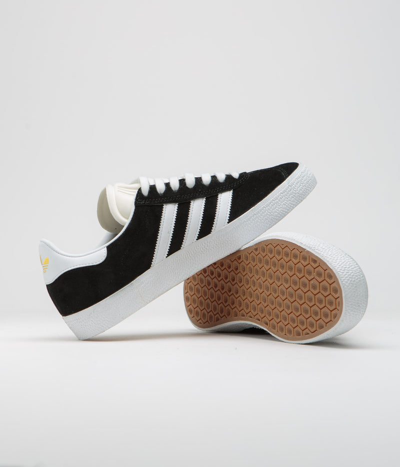 Adidas Gazelle Adv Shoes in Core Black and White / Gold Metallic