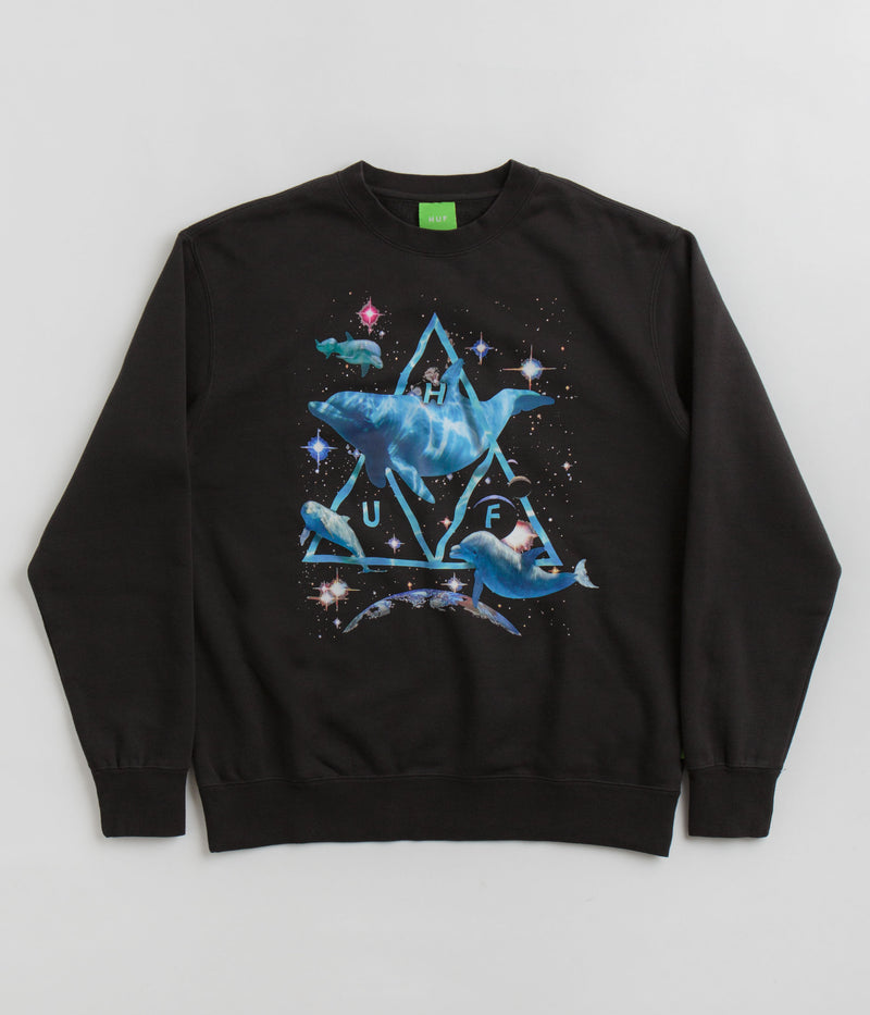 HUF Space Dolphins Wash Crewneck Sweatshirt in Black