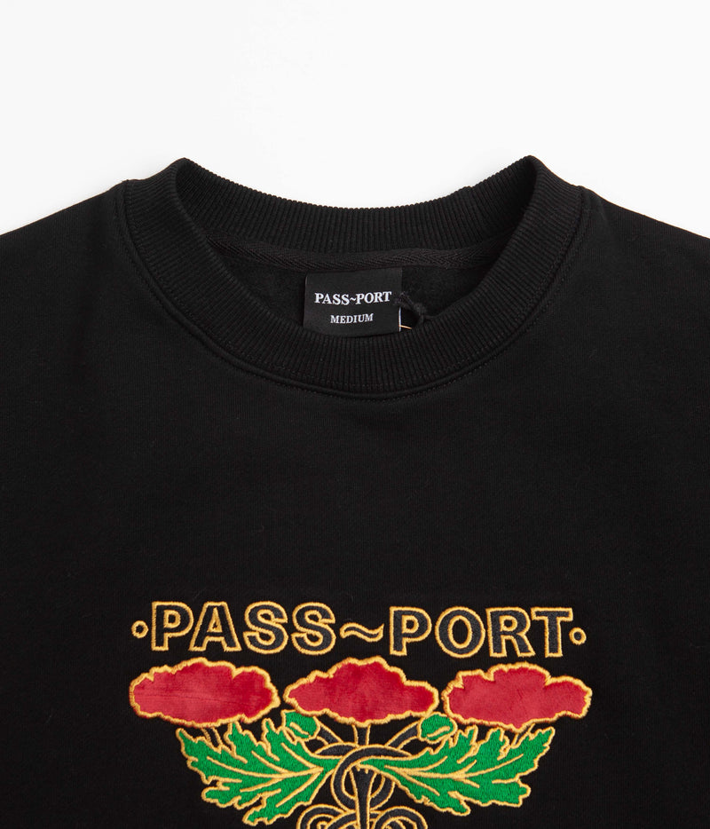Pass Port Emblem Applique Crewneck Sweatshirt in Black