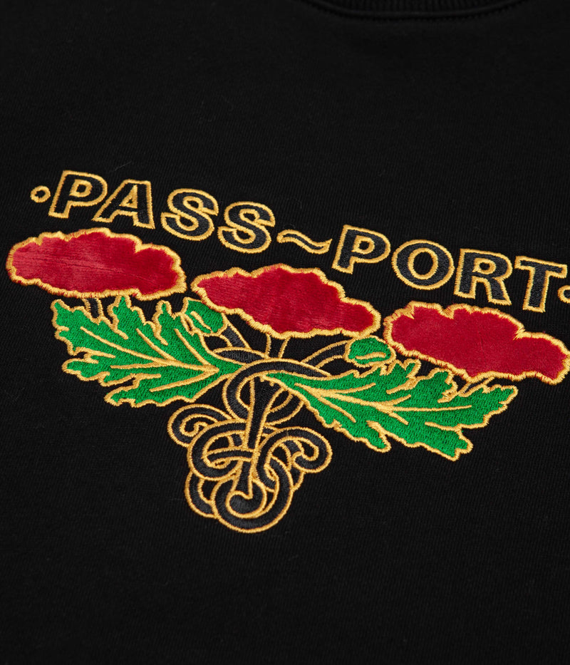 Pass Port Emblem Applique Crewneck Sweatshirt in Black