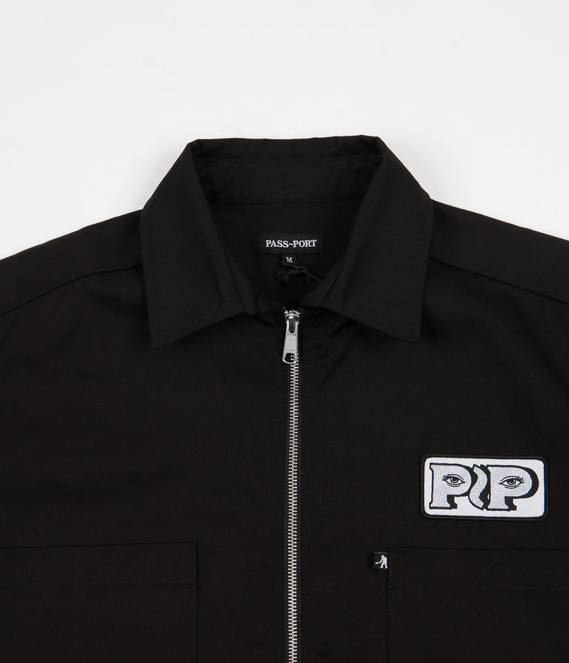 Pass Port Workers Zip-Up Short Sleeve Shirt in Black