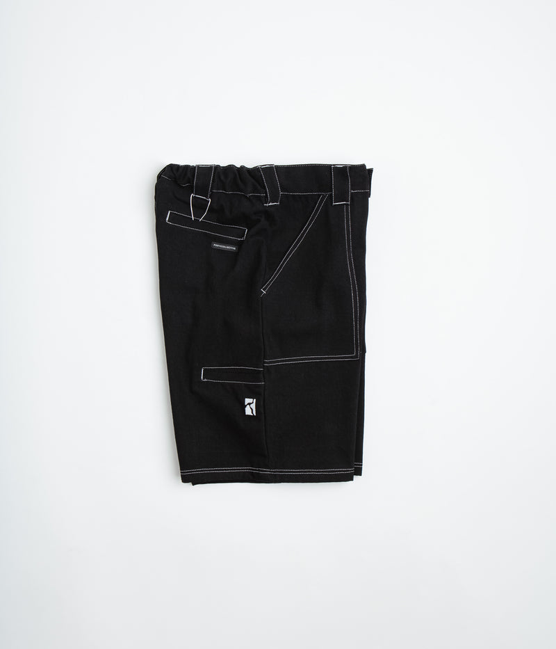 Poetic Collective Painter Shorts in Black Denim and White Stitch