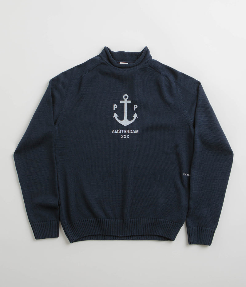 Pop Trading Company Captain Knitted Crewneck Sweatshirt in Navy