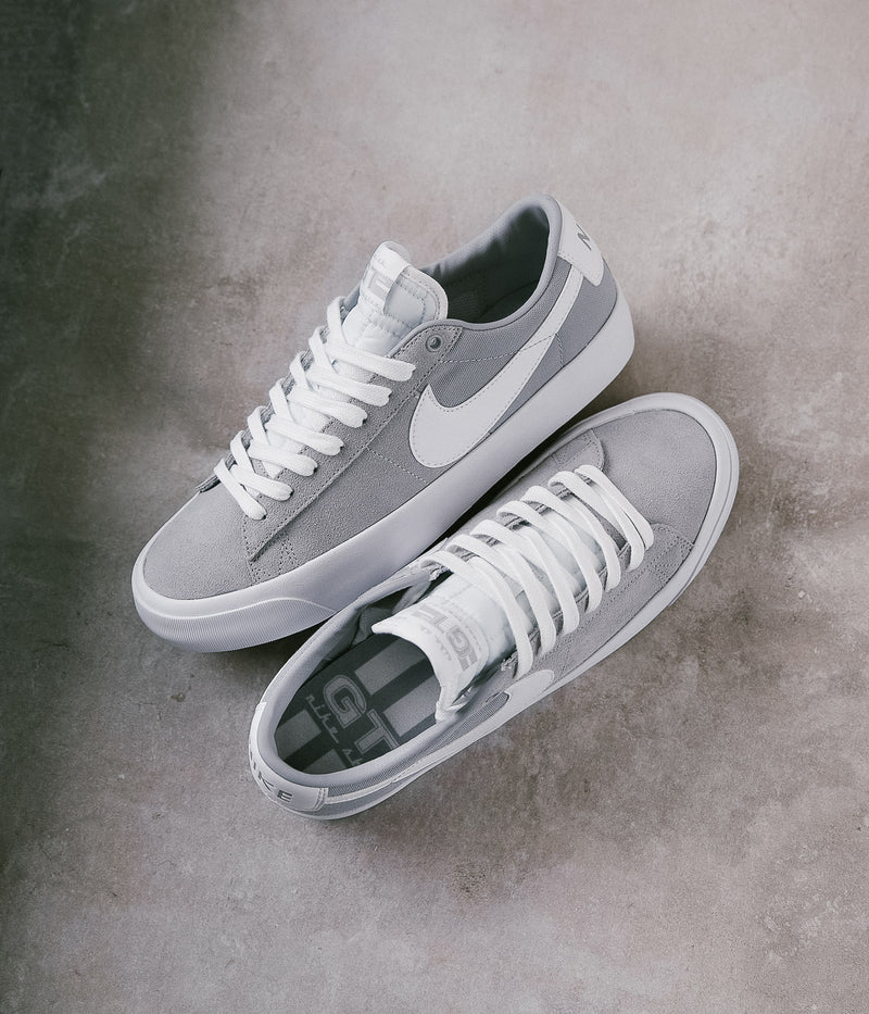 Nike SB Blazer Low Pro GT Shoes in Wolf Grey and White and Wolf Grey - White