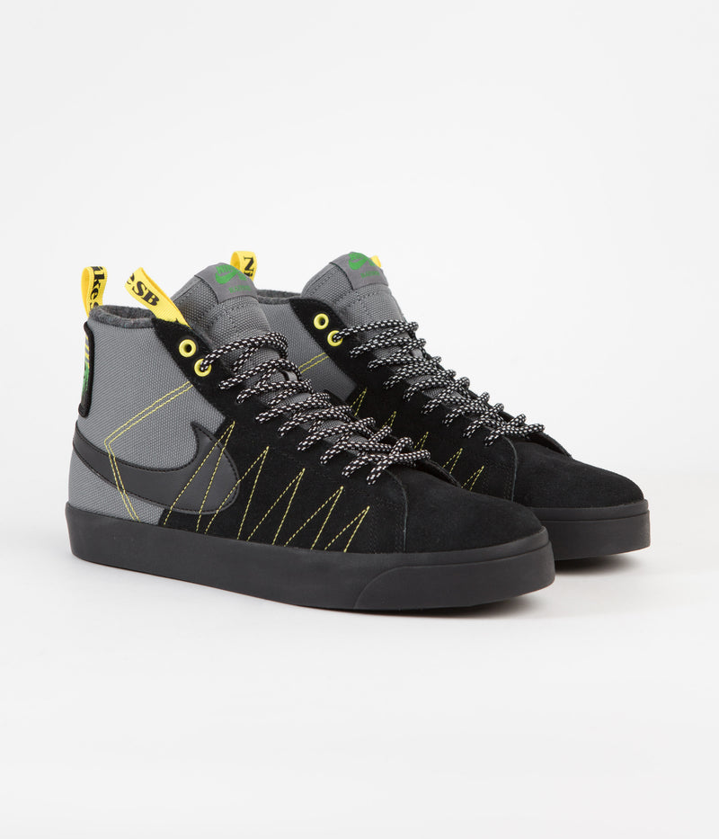 Nike SB Blazer Mid Premium Shoes in Cool Grey and Black and White - Yellow Strike