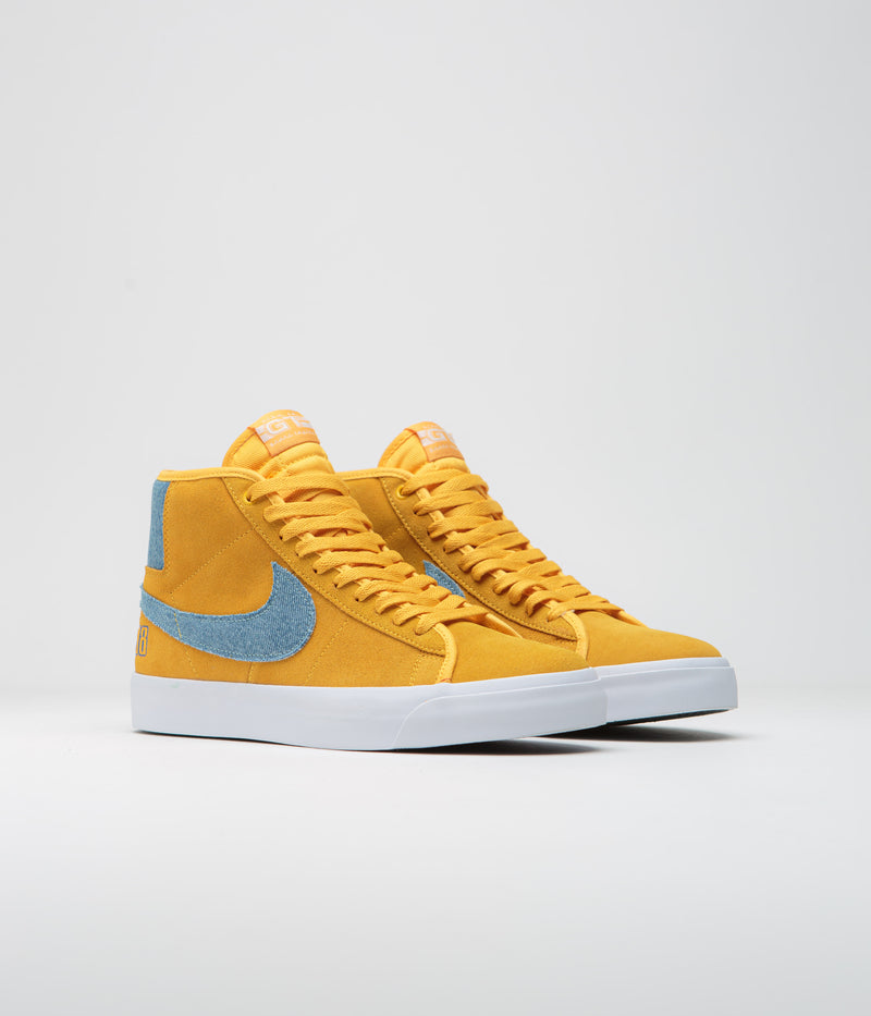 Nike SB Blazer Mid Pro GT Shoes in University Gold and Game Royal