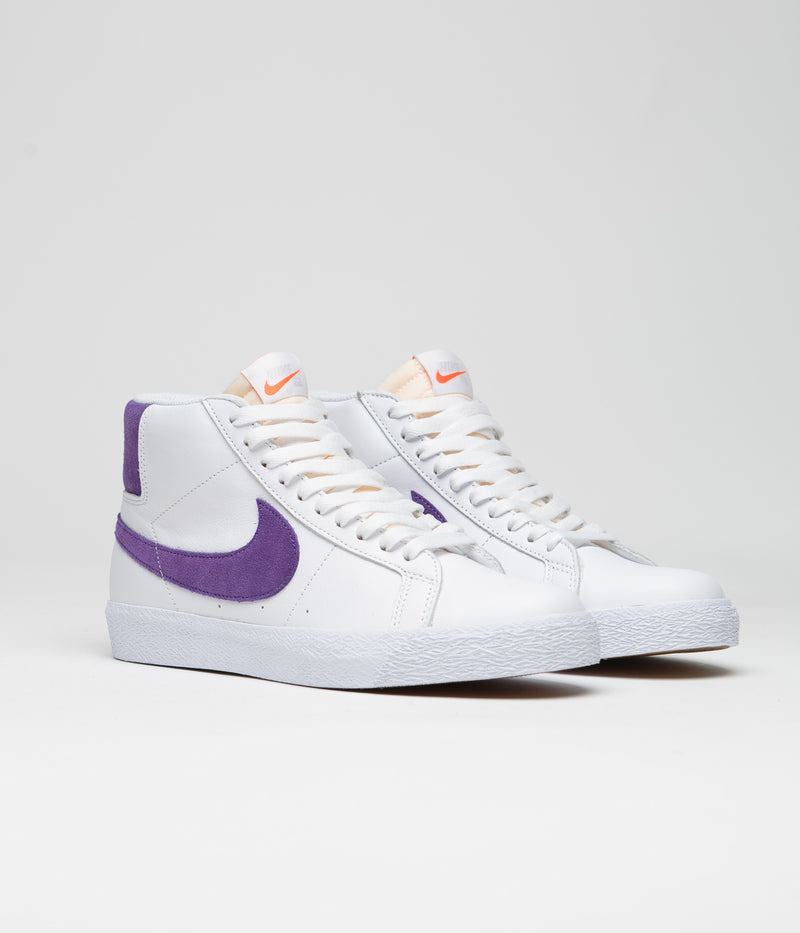 Nike SB Blazer Mid Shoes in White and Court Purple and White - Gum Light Brown