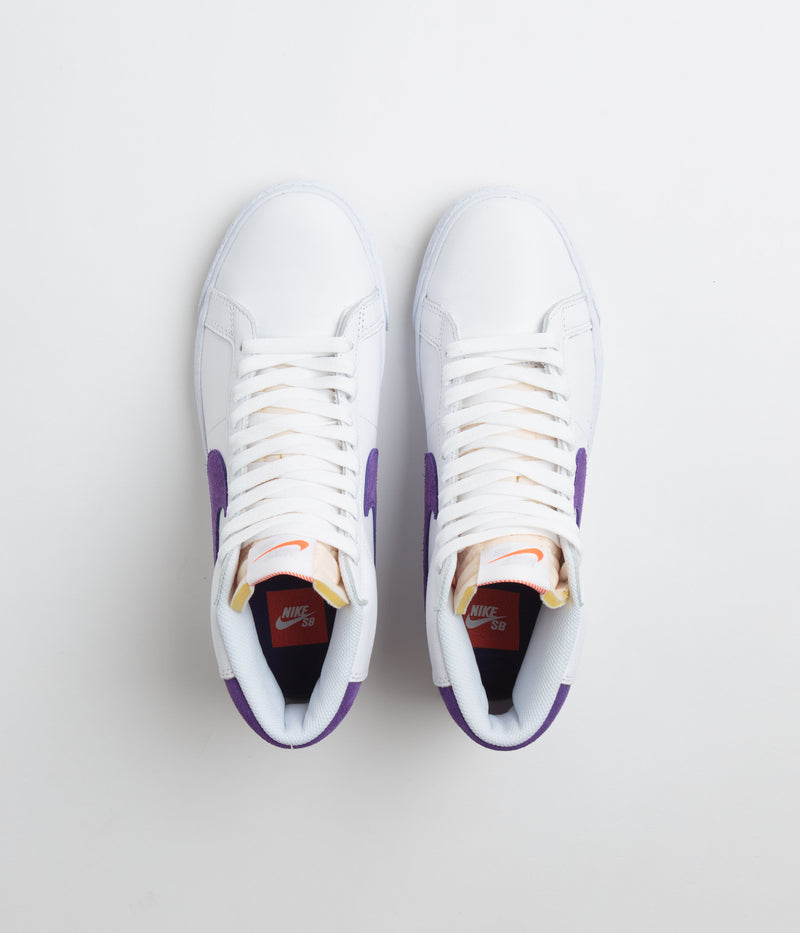 Nike SB Blazer Mid Shoes in White and Court Purple and White - Gum Light Brown