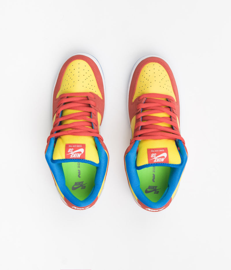 Nike SB Dunk Low Pro 'Bart Simpson' Shoes in Habanero Red and White and Blue Hero