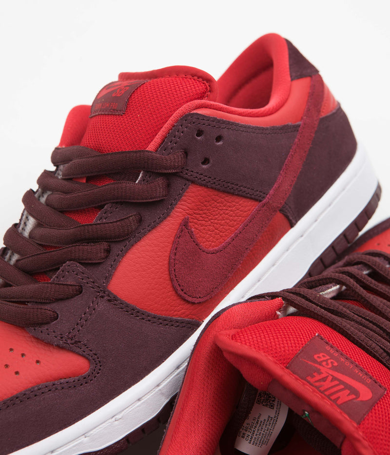 Nike SB Dunk Low Pro Cherry Shoes in Burgundy Crush and Team Red and University Red