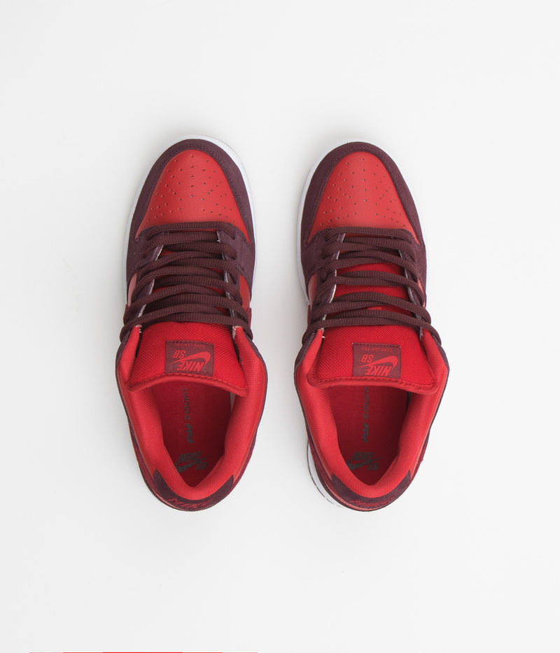 Nike SB Dunk Low Pro Cherry Shoes in Burgundy Crush and Team Red and University Red