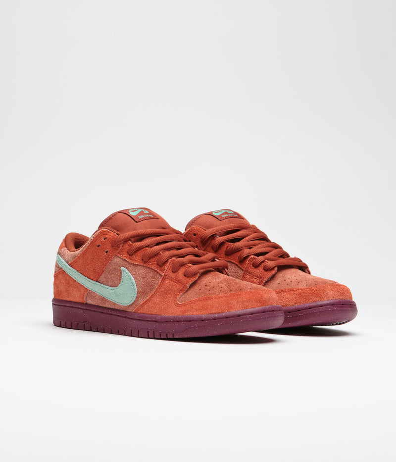 Nike SB Dunk Low Pro Premium Shoes in Mystic Red and Emerald Rise and Rugged Orange