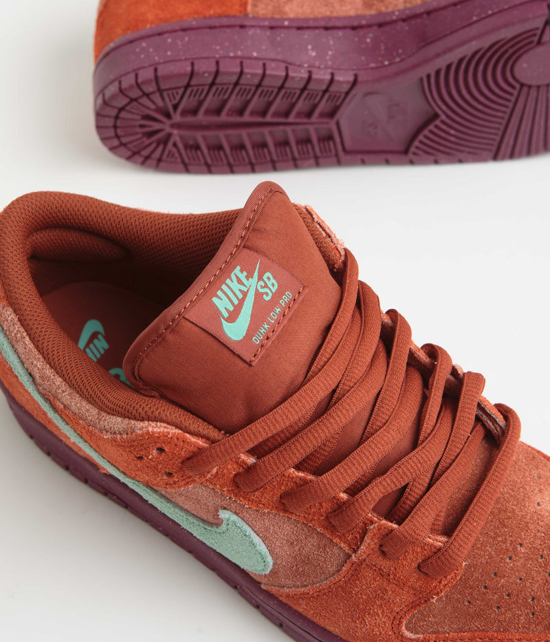 Nike SB Dunk Low Pro Premium Shoes in Mystic Red and Emerald Rise and Rugged Orange