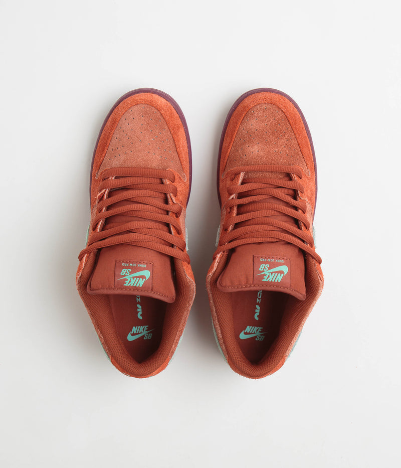 Nike SB Dunk Low Pro Premium Shoes in Mystic Red and Emerald Rise and Rugged Orange