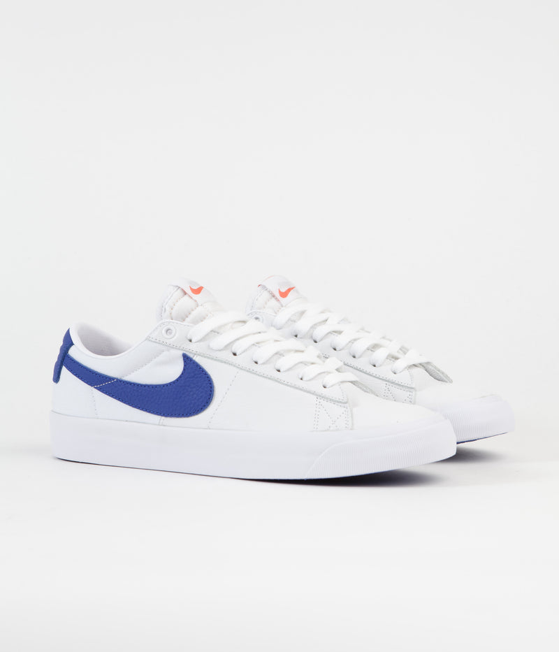 Nike SB Orange Label Blazer Low Pro GT Shoes in White and Varsity Royal and White - Varsity Royal