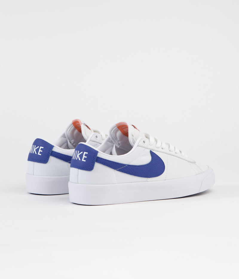 Nike SB Orange Label Blazer Low Pro GT Shoes in White and Varsity Royal and White - Varsity Royal