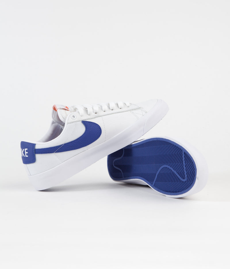 Nike SB Orange Label Blazer Low Pro GT Shoes in White and Varsity Royal and White - Varsity Royal