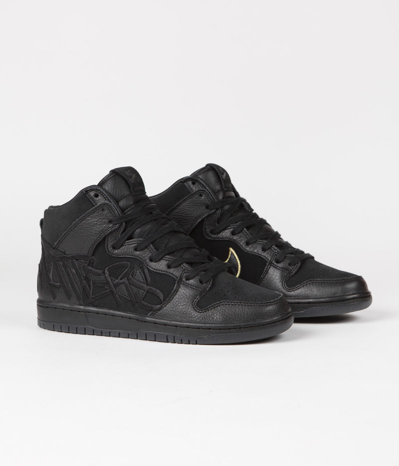 Nike SB x FAUST Dunk High Pro Shoes in Black and Black and Metallic Gold