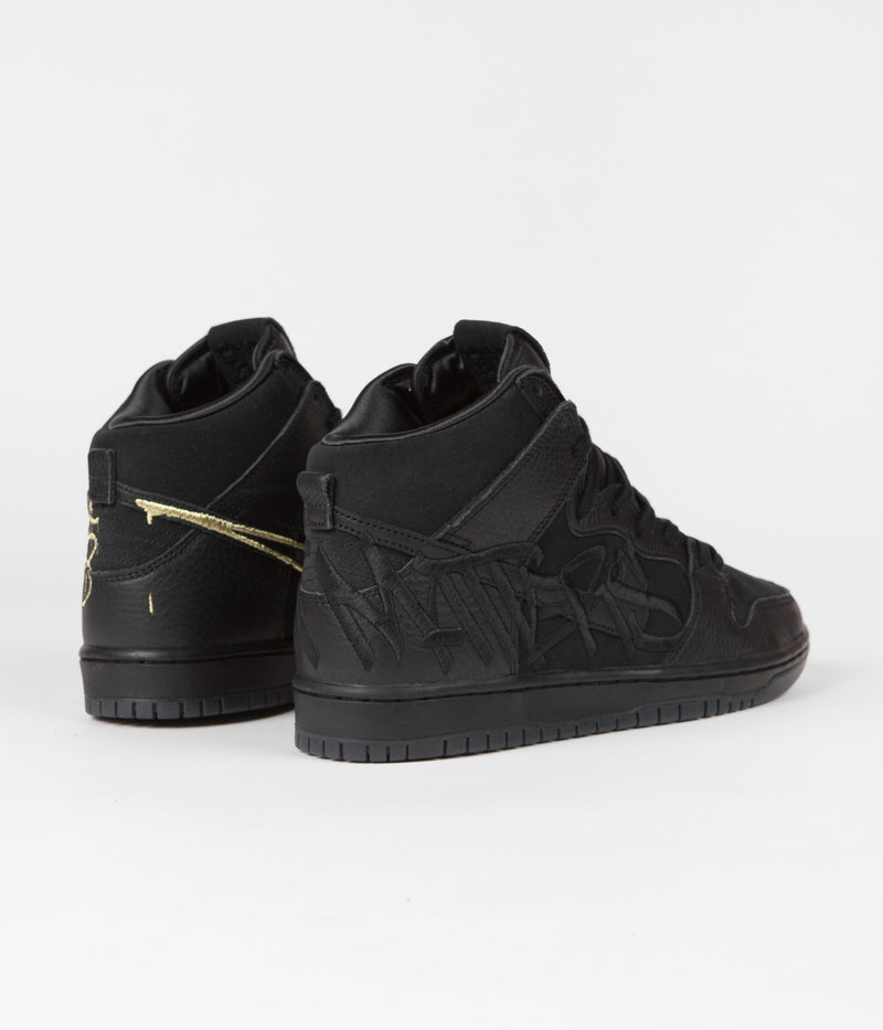 Nike SB x FAUST Dunk High Pro Shoes in Black and Black and Metallic Gold