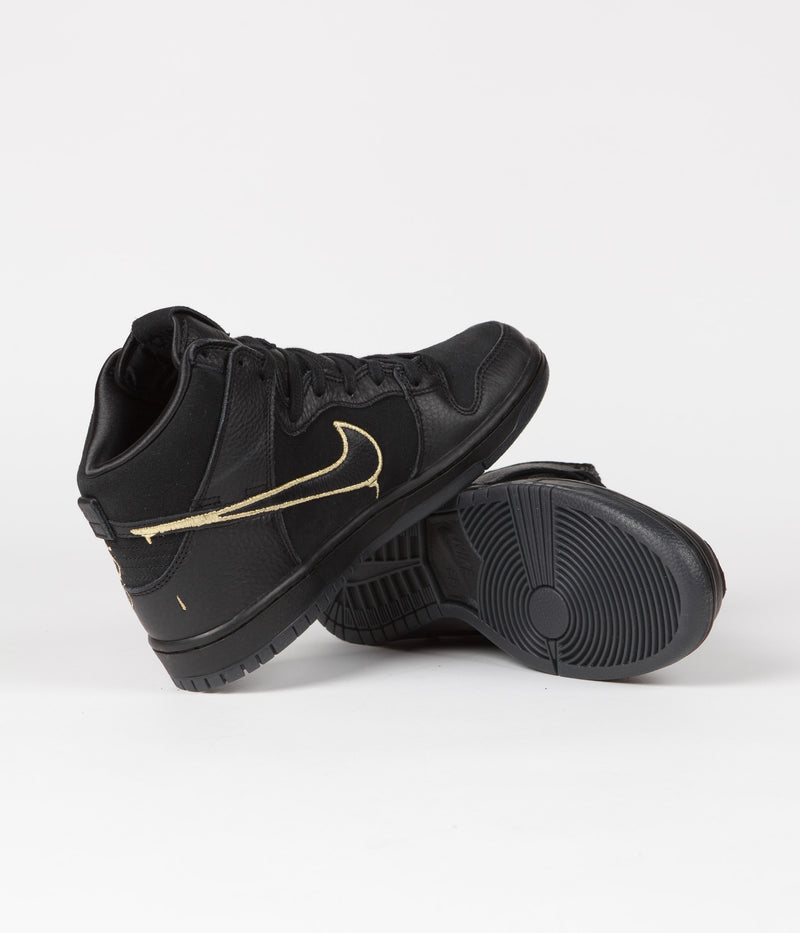 Nike SB x FAUST Dunk High Pro Shoes in Black and Black and Metallic Gold