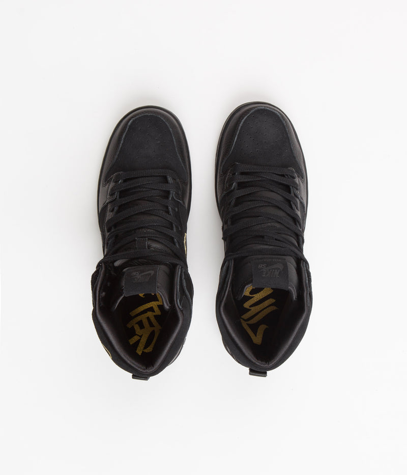 Nike SB x FAUST Dunk High Pro Shoes in Black and Black and Metallic Gold