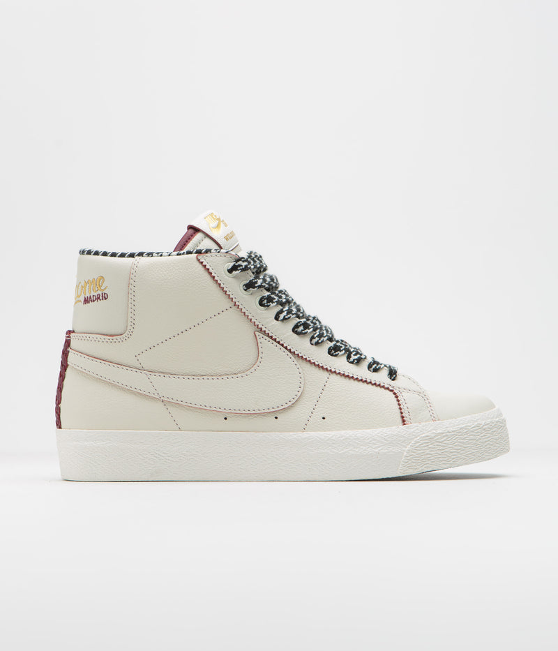 Nike SB x Welcome Skateboarding Blazer Mid Shoes in Sail and Dark Beetroot and White