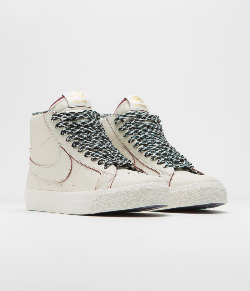 Nike SB x Welcome Skateboarding Blazer Mid Shoes in Sail and Dark Beetroot and White